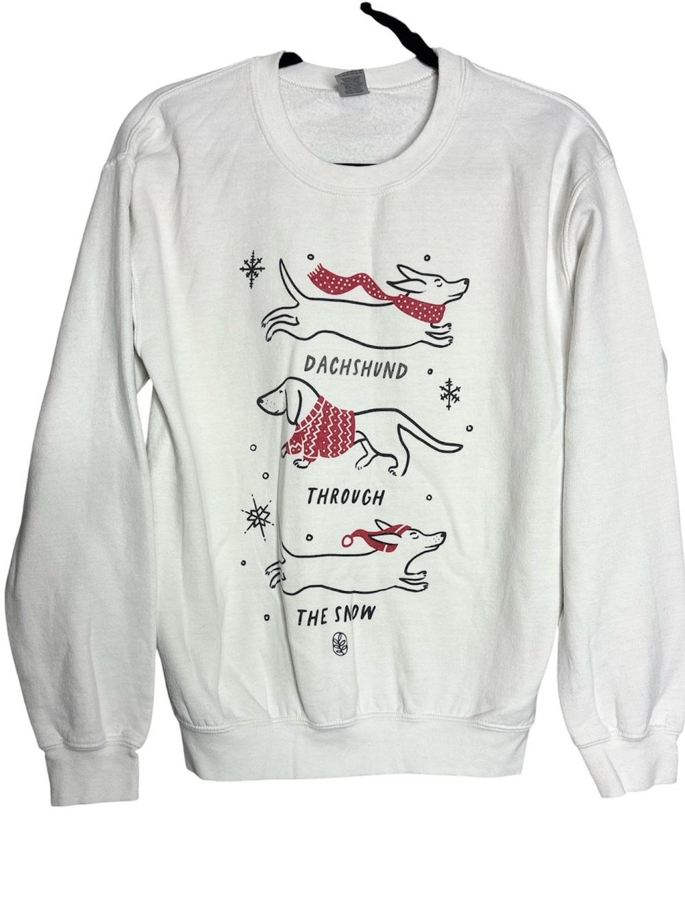 White Dachshund Through The Snow Crewneck Pullover Graphic Sweatshirt, size S